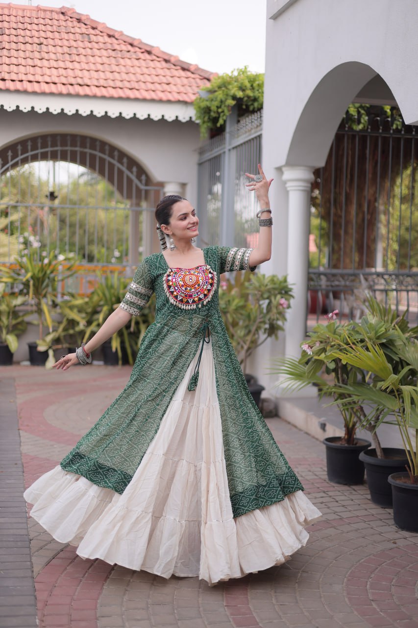 Navratri Special Bandhani Print Kurti with Kora Cotton Lehenga