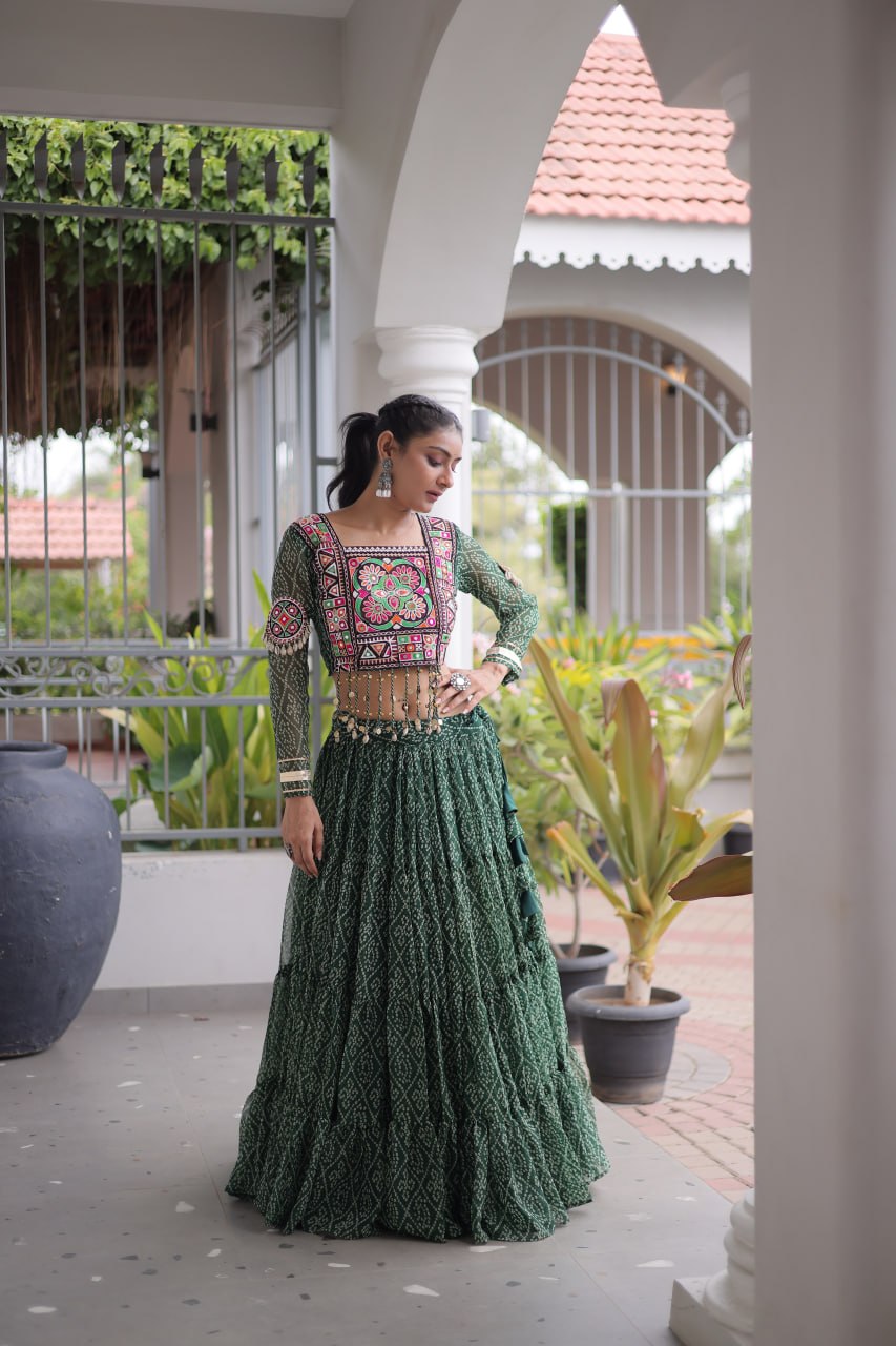 Navratri Special Green Bandhani Print Lehenga Choli