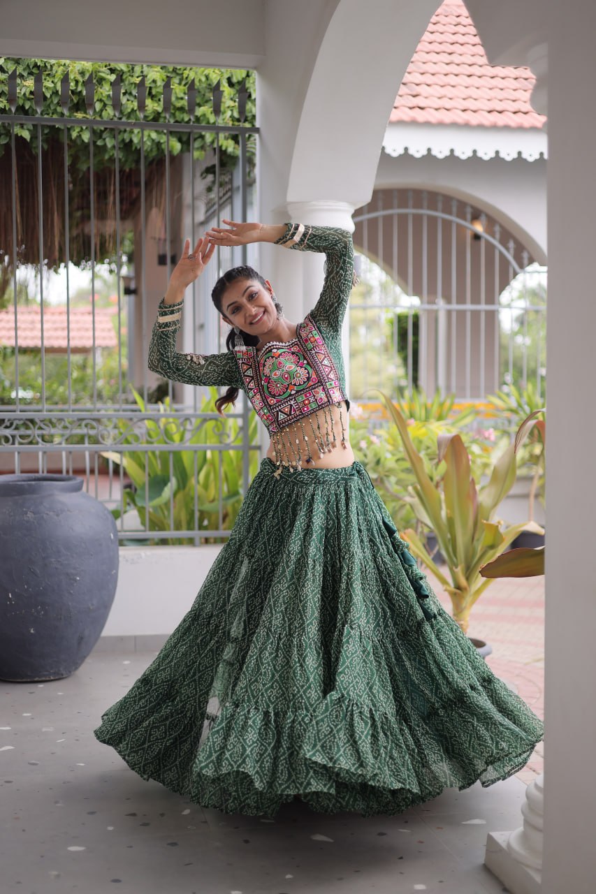 Navratri Special Green Bandhani Print Lehenga Choli