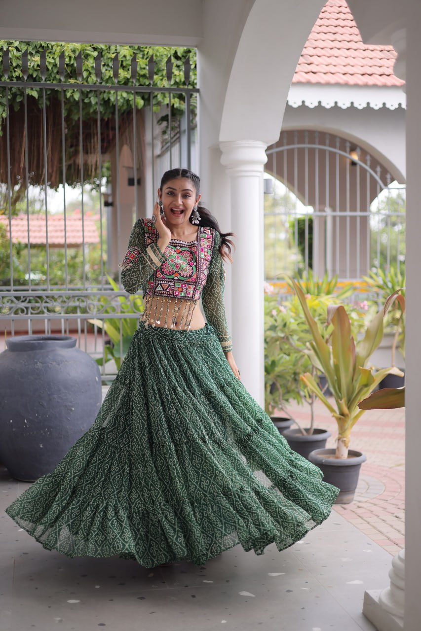 Navratri Special Green Bandhani Print Lehenga Choli