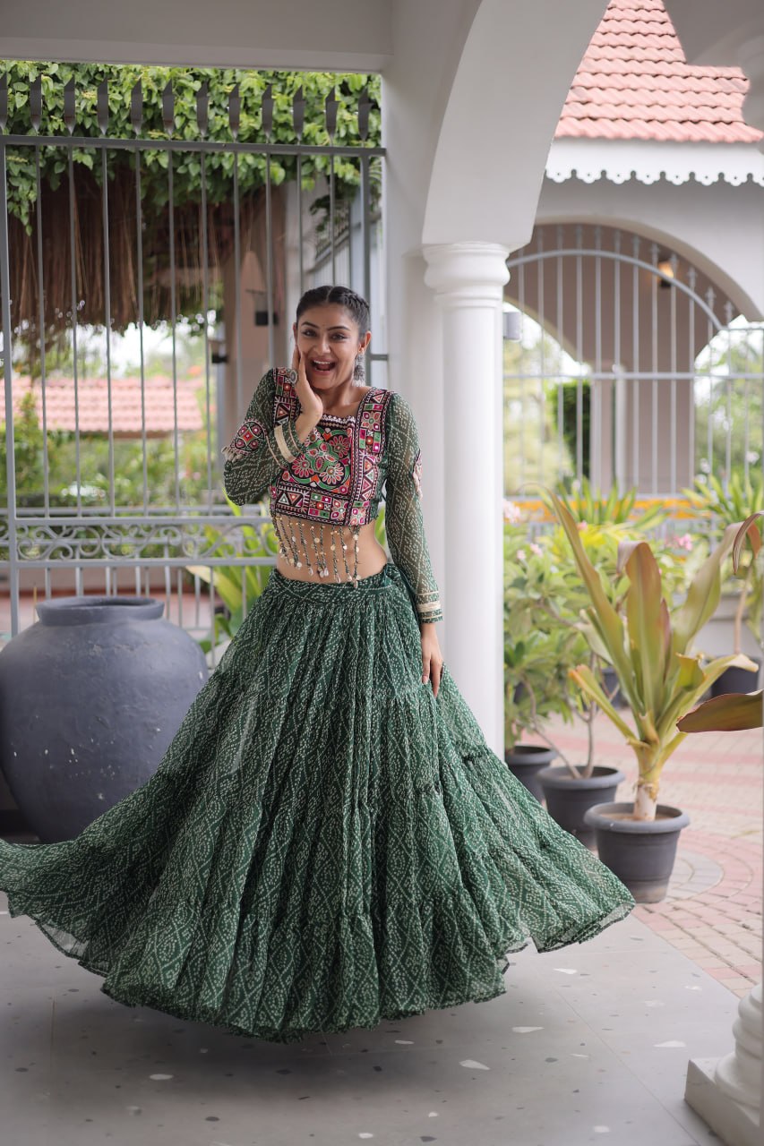 Navratri Special Green Bandhani Print Lehenga Choli