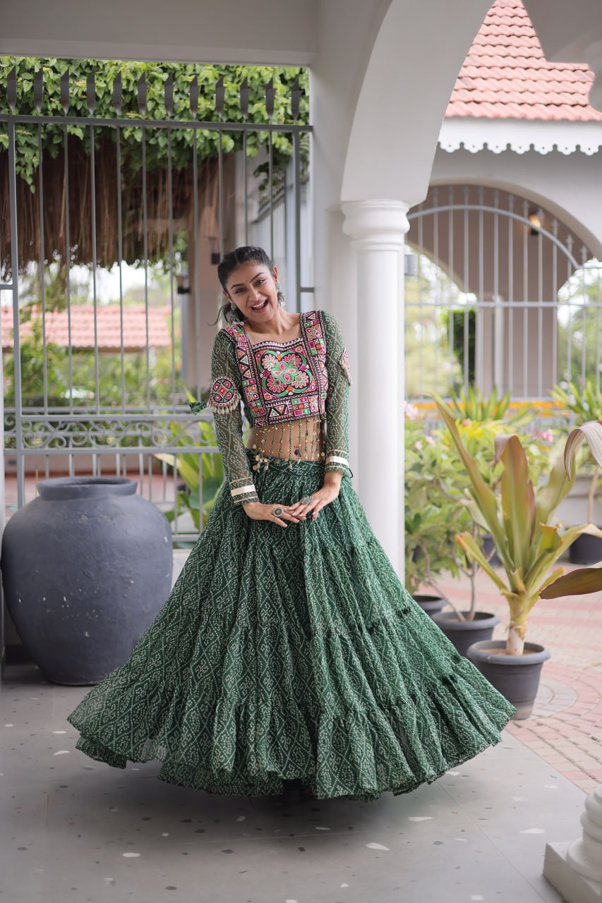 Navratri Special Green Bandhani Print Lehenga Choli