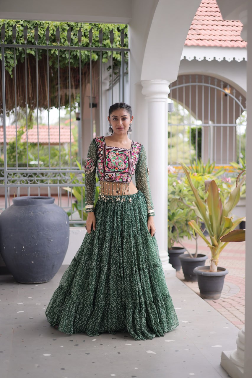 Navratri Special Green Bandhani Print Lehenga Choli
