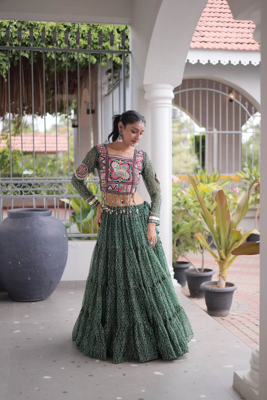 Navratri Special Green Bandhani Print Lehenga Choli
