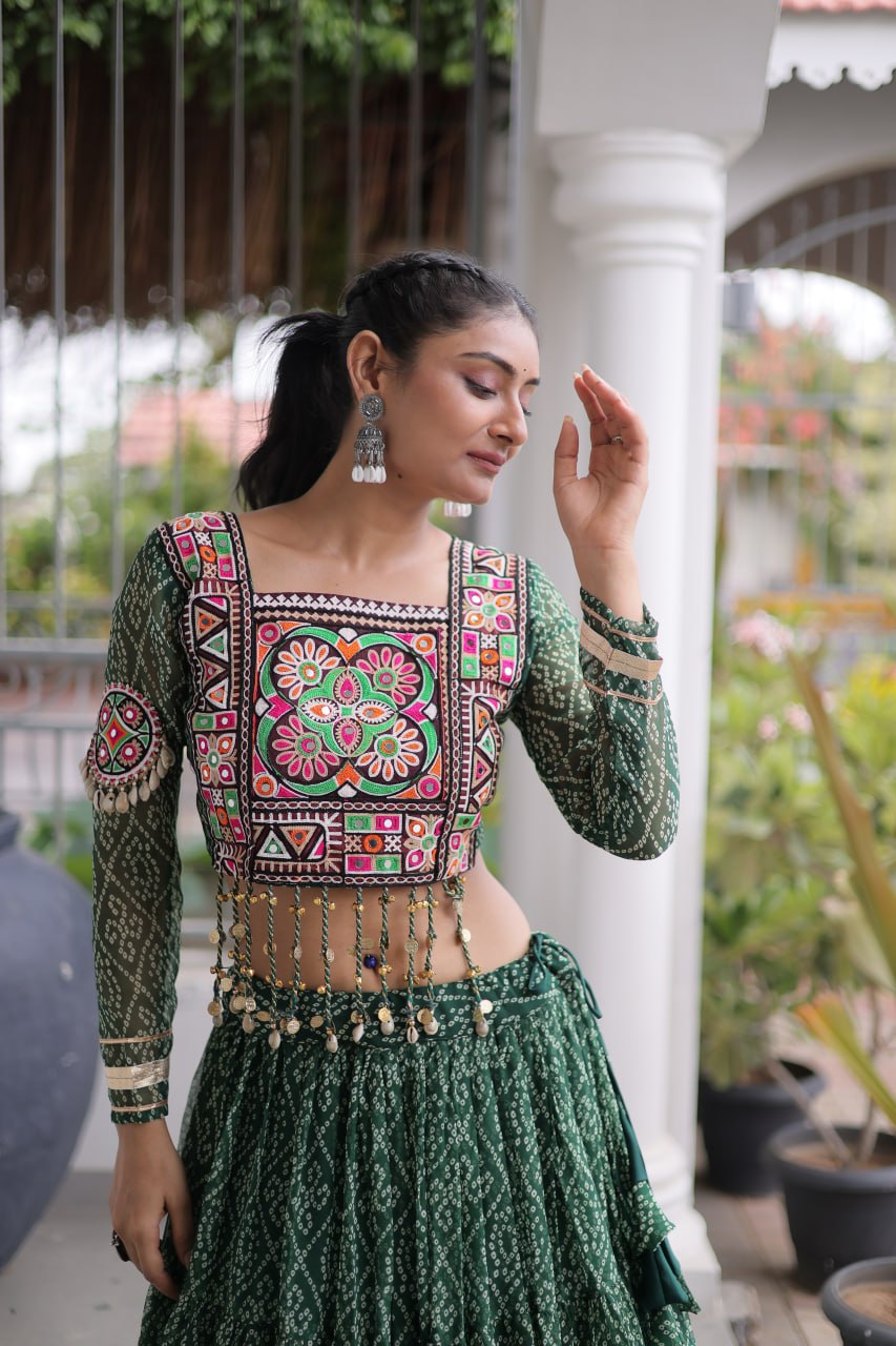 Navratri Special Green Bandhani Print Lehenga Choli