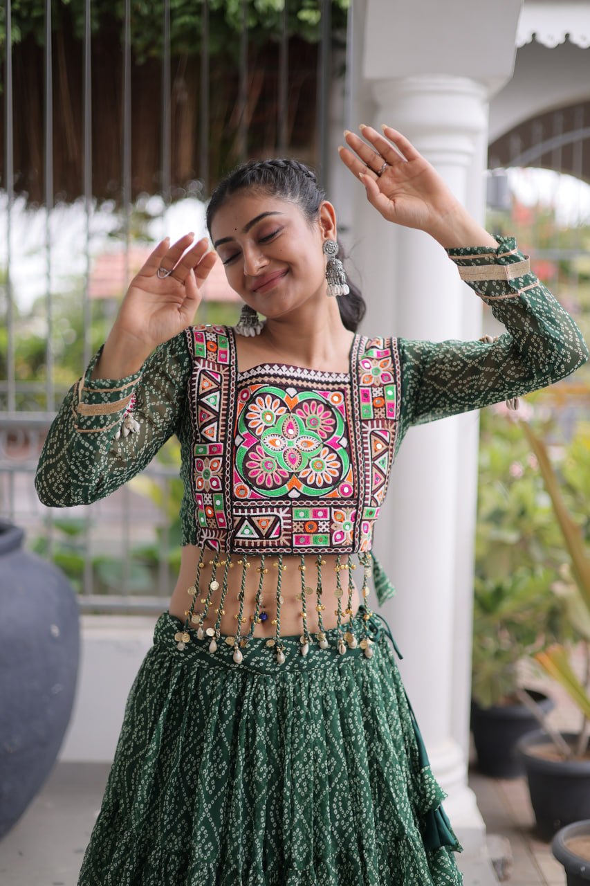 Navratri Special Green Bandhani Print Lehenga Choli