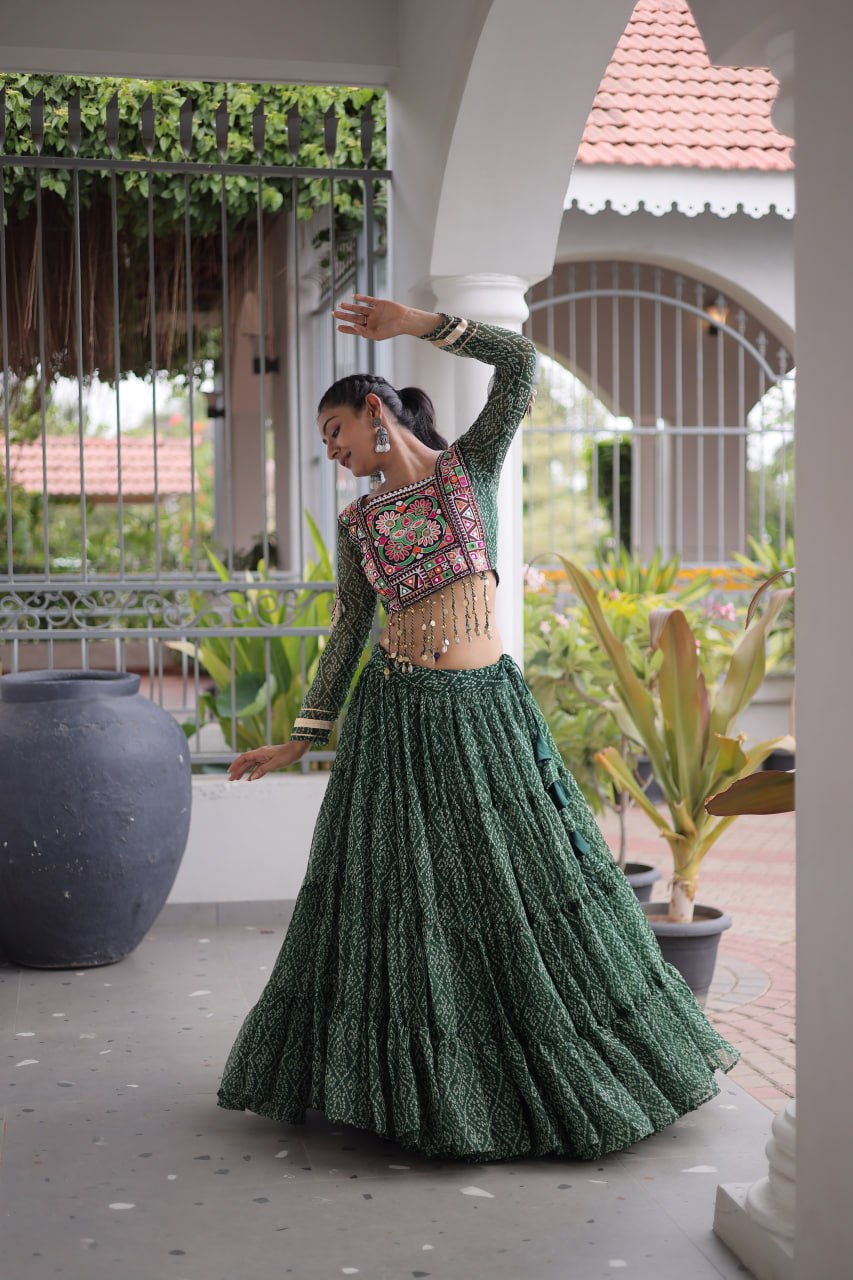 Navratri Special Green Bandhani Print Lehenga Choli