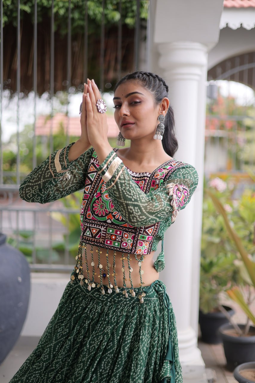 Navratri Special Green Bandhani Print Lehenga Choli