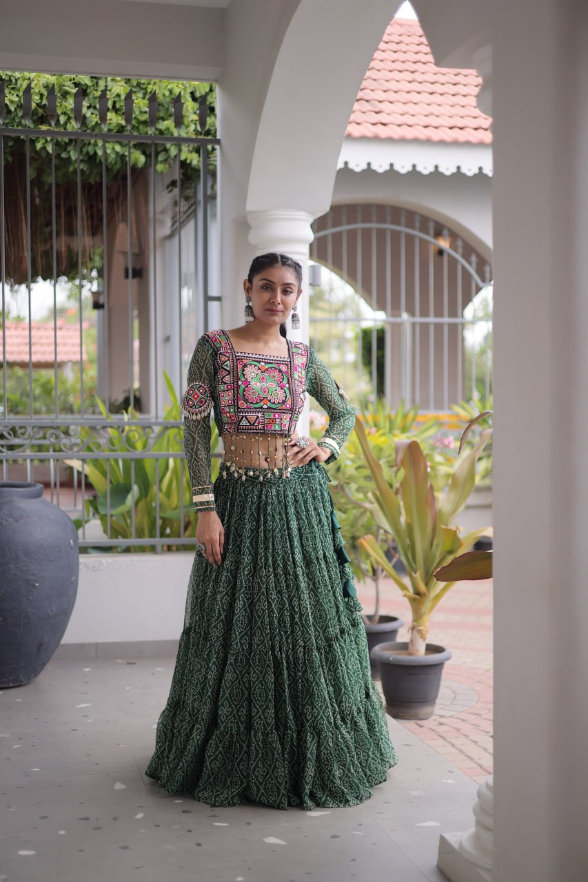 Navratri Special Green Bandhani Print Lehenga Choli