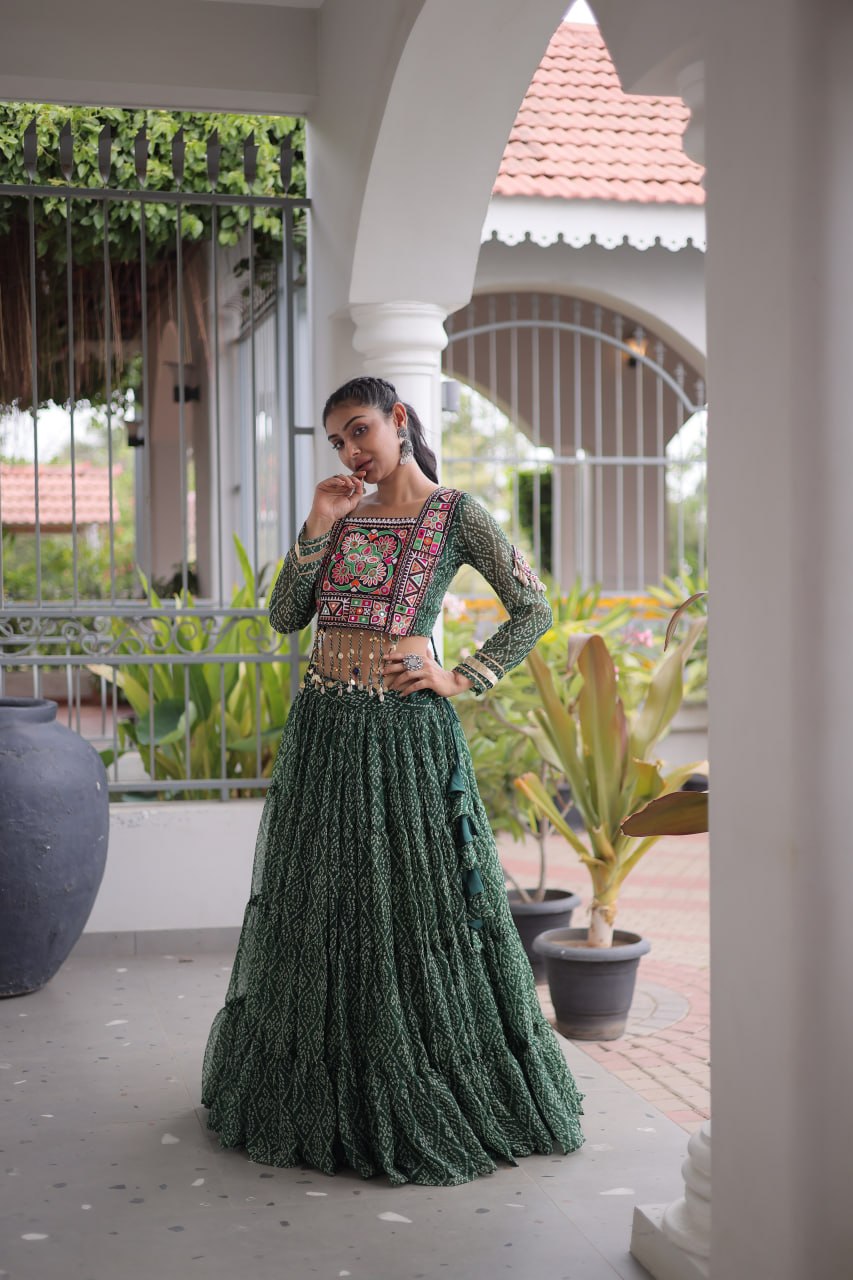 Navratri Special Green Bandhani Print Lehenga Choli