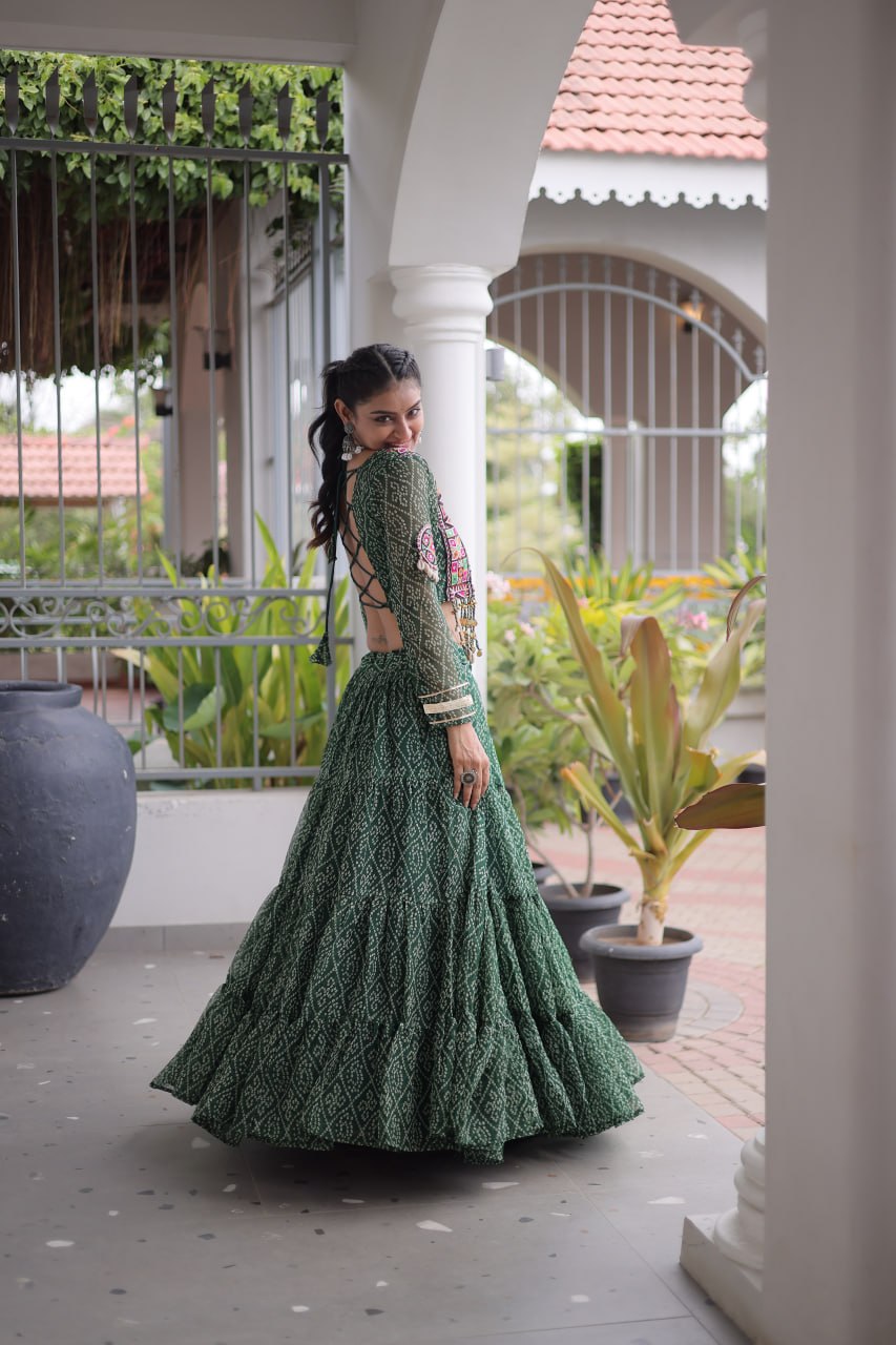 Navratri Special Green Bandhani Print Lehenga Choli