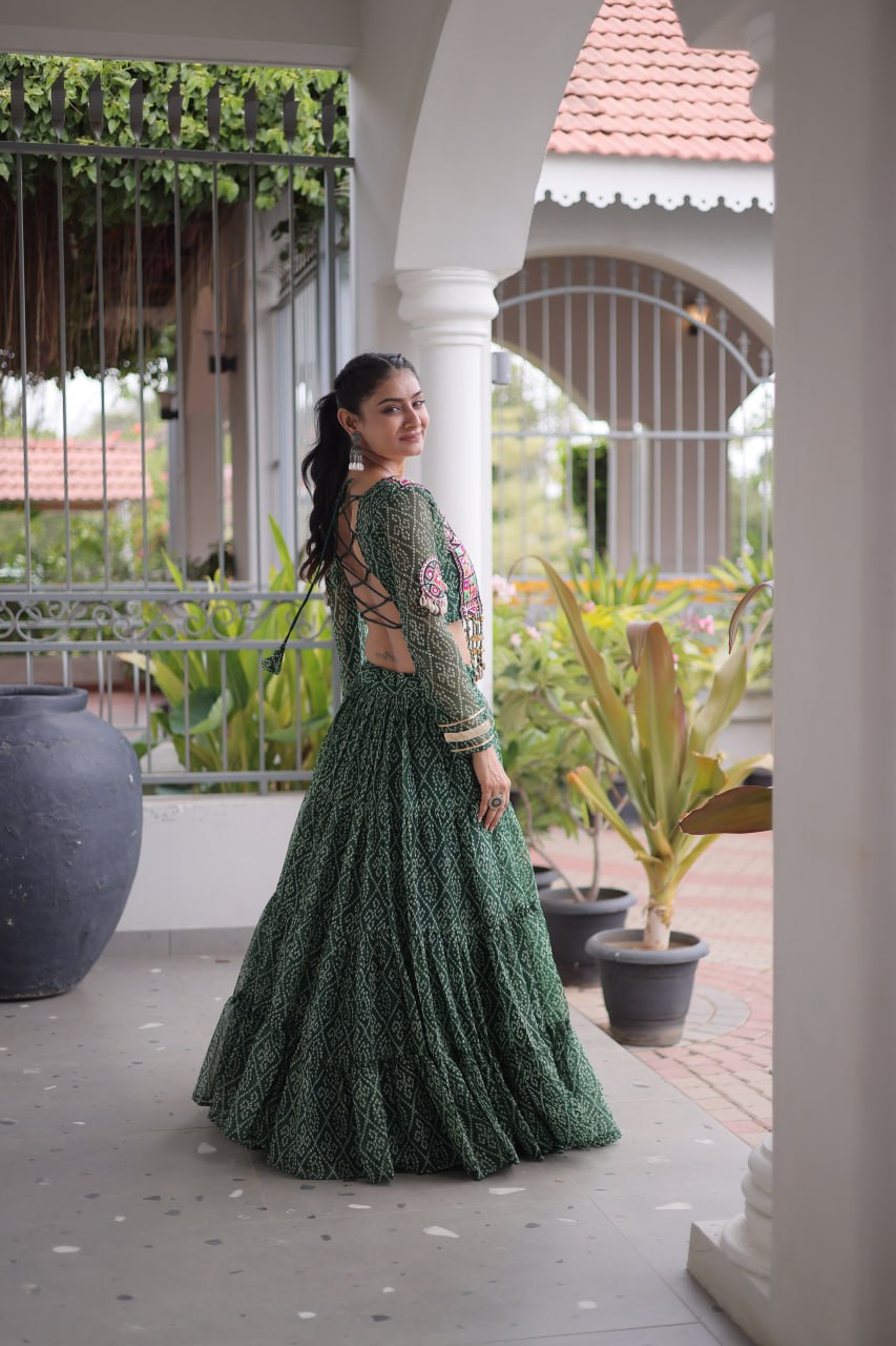 Navratri Special Green Bandhani Print Lehenga Choli