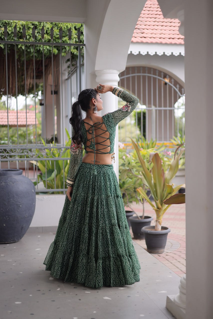 Navratri Special Green Bandhani Print Lehenga Choli