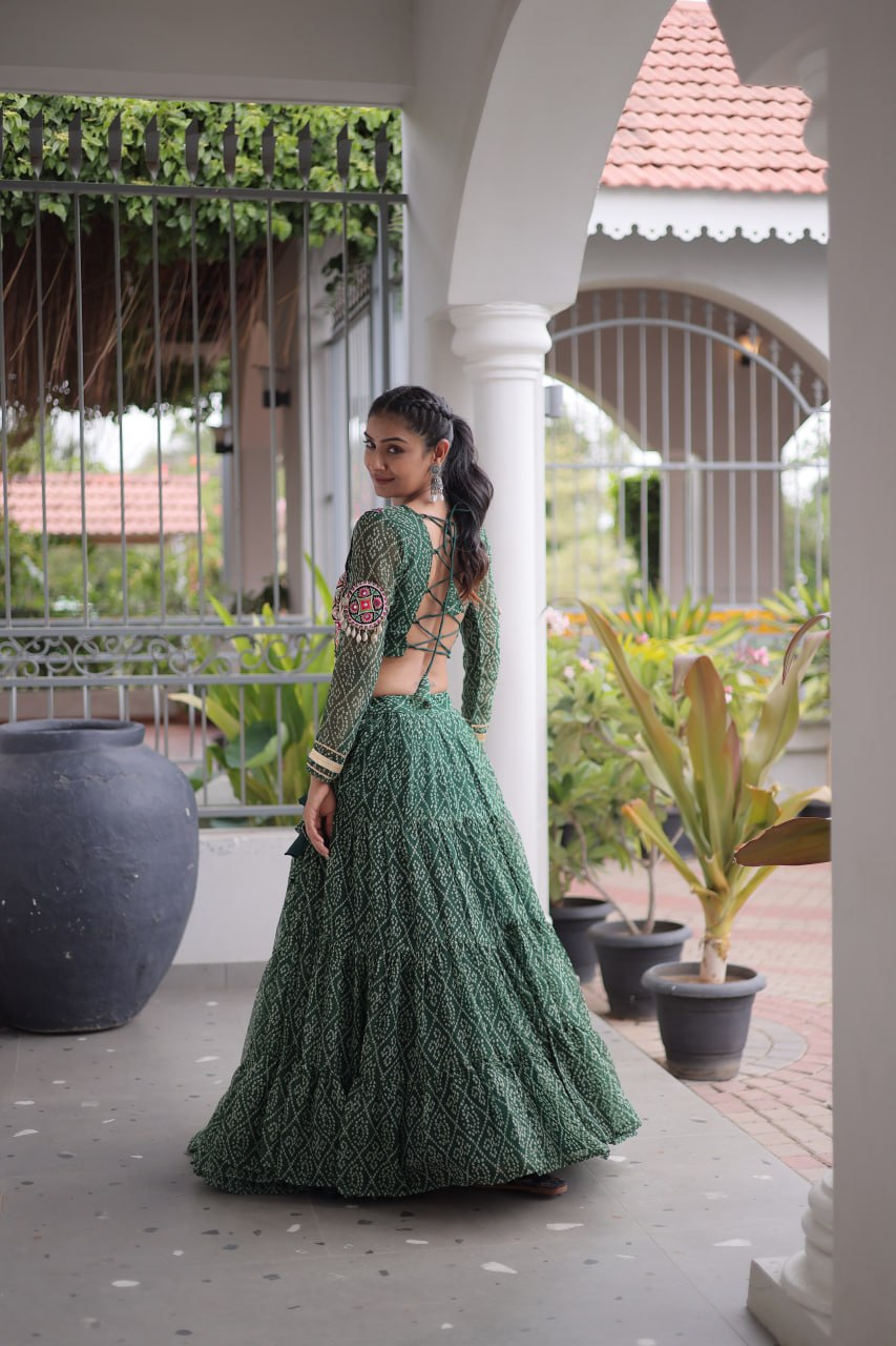 Navratri Special Green Bandhani Print Lehenga Choli