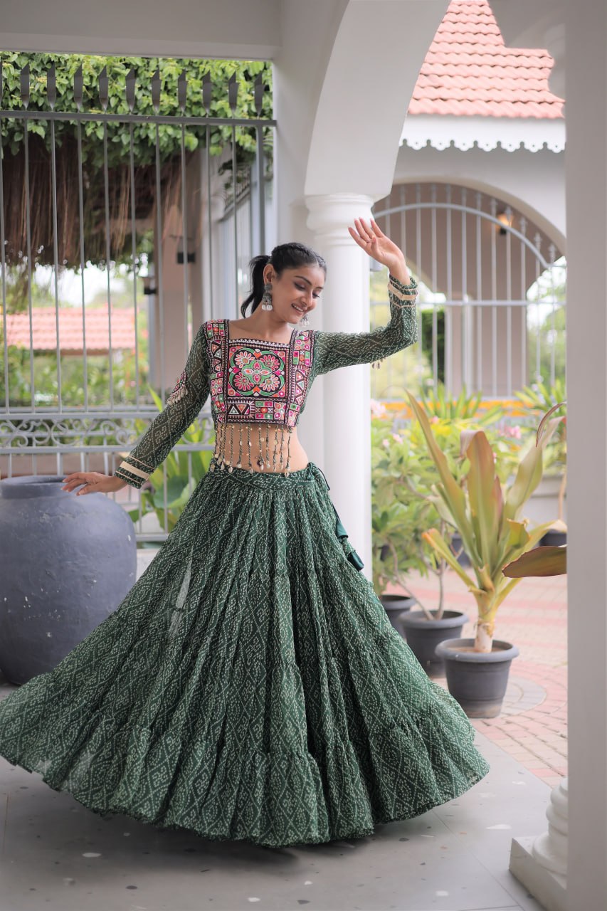 Navratri Special Green Bandhani Print Lehenga Choli