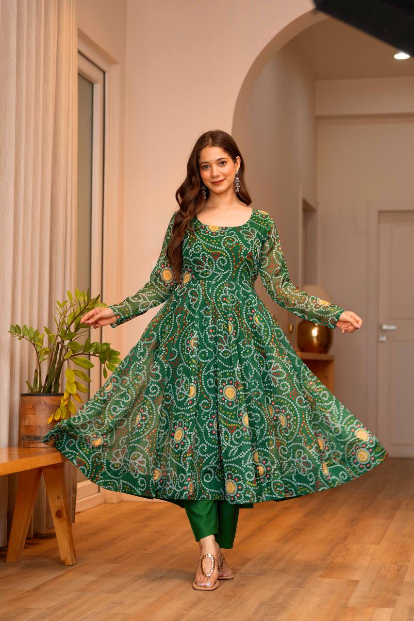 Green Printed Tebby Organza Gown with Pant and Dupatta