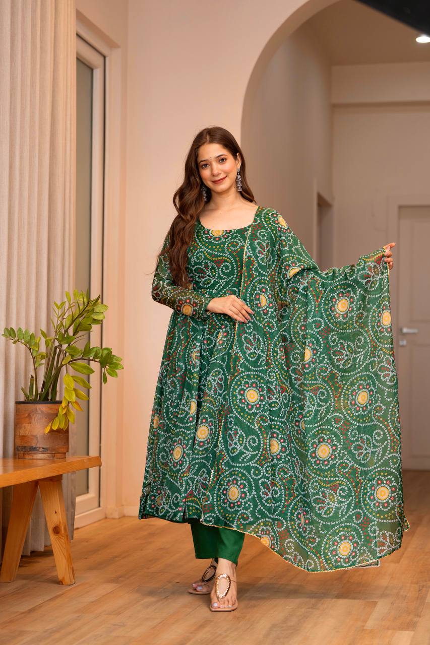 Green Printed Tebby Organza Gown with Pant and Dupatta