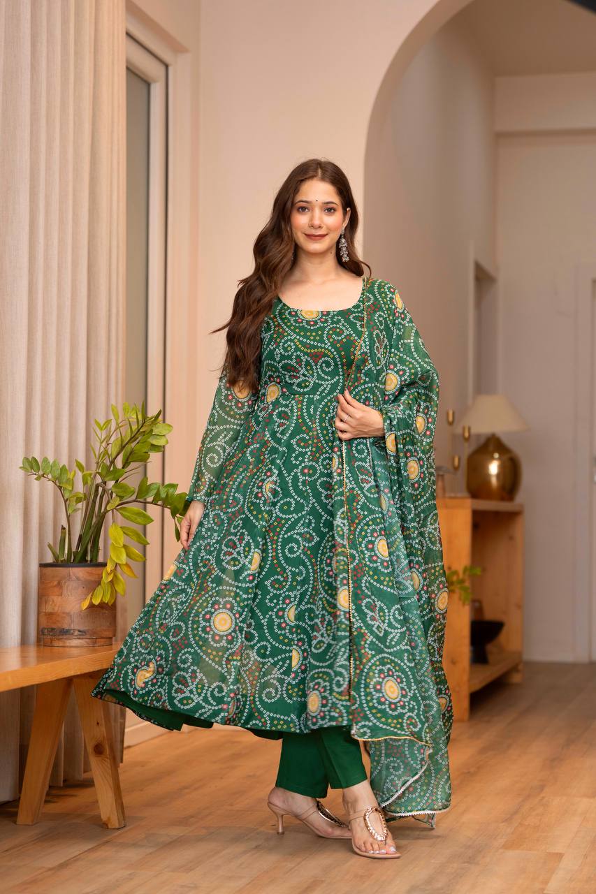Green Printed Tebby Organza Gown with Pant and Dupatta