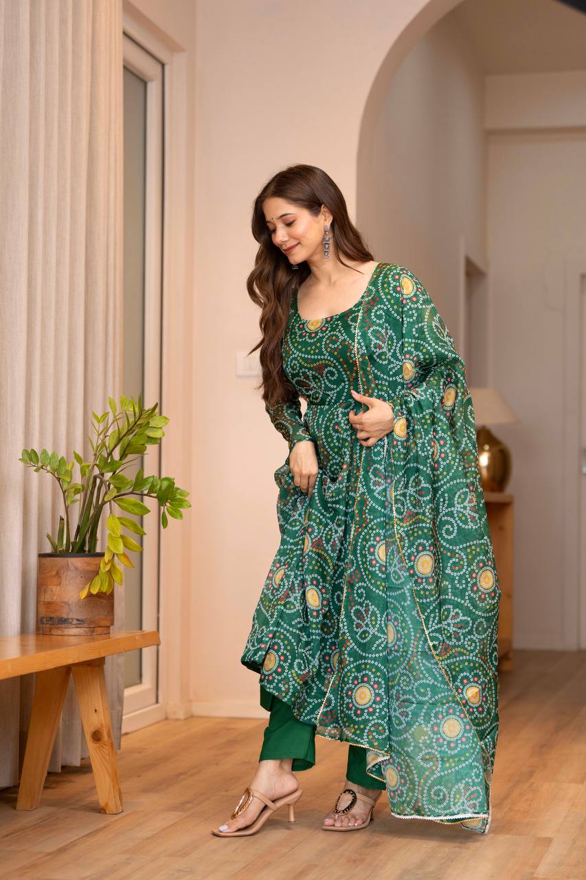 Green Printed Tebby Organza Gown with Pant and Dupatta