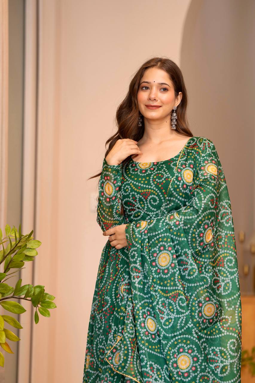 Green Printed Tebby Organza Gown with Pant and Dupatta