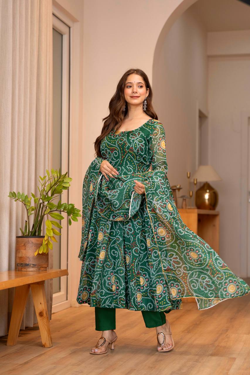 Green Printed Tebby Organza Gown with Pant and Dupatta