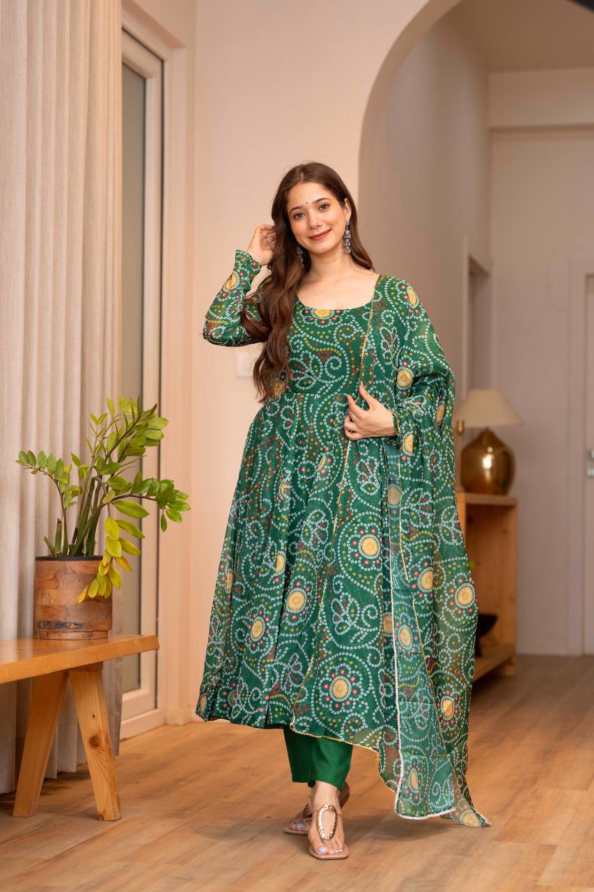Green Printed Tebby Organza Gown with Pant and Dupatta