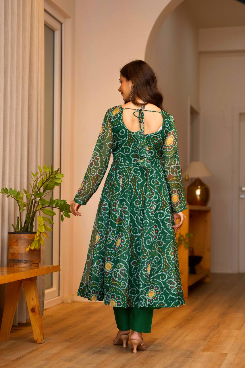 Green Printed Tebby Organza Gown with Pant and Dupatta