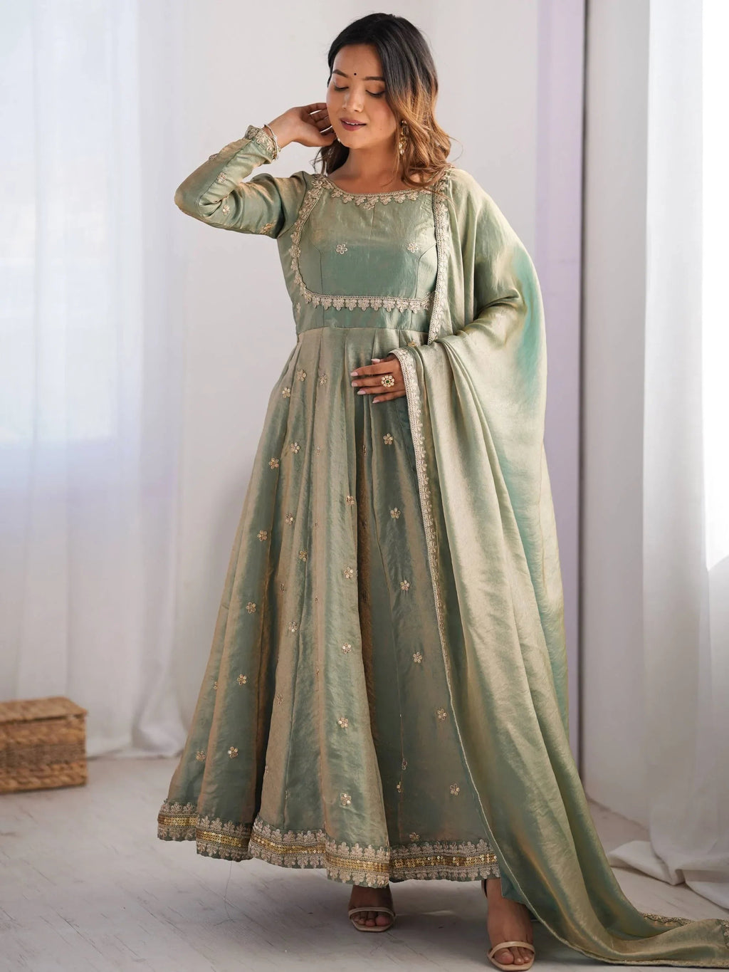 Green Dazzling Coding Work Silk Festive Wear Gown With Dupatta