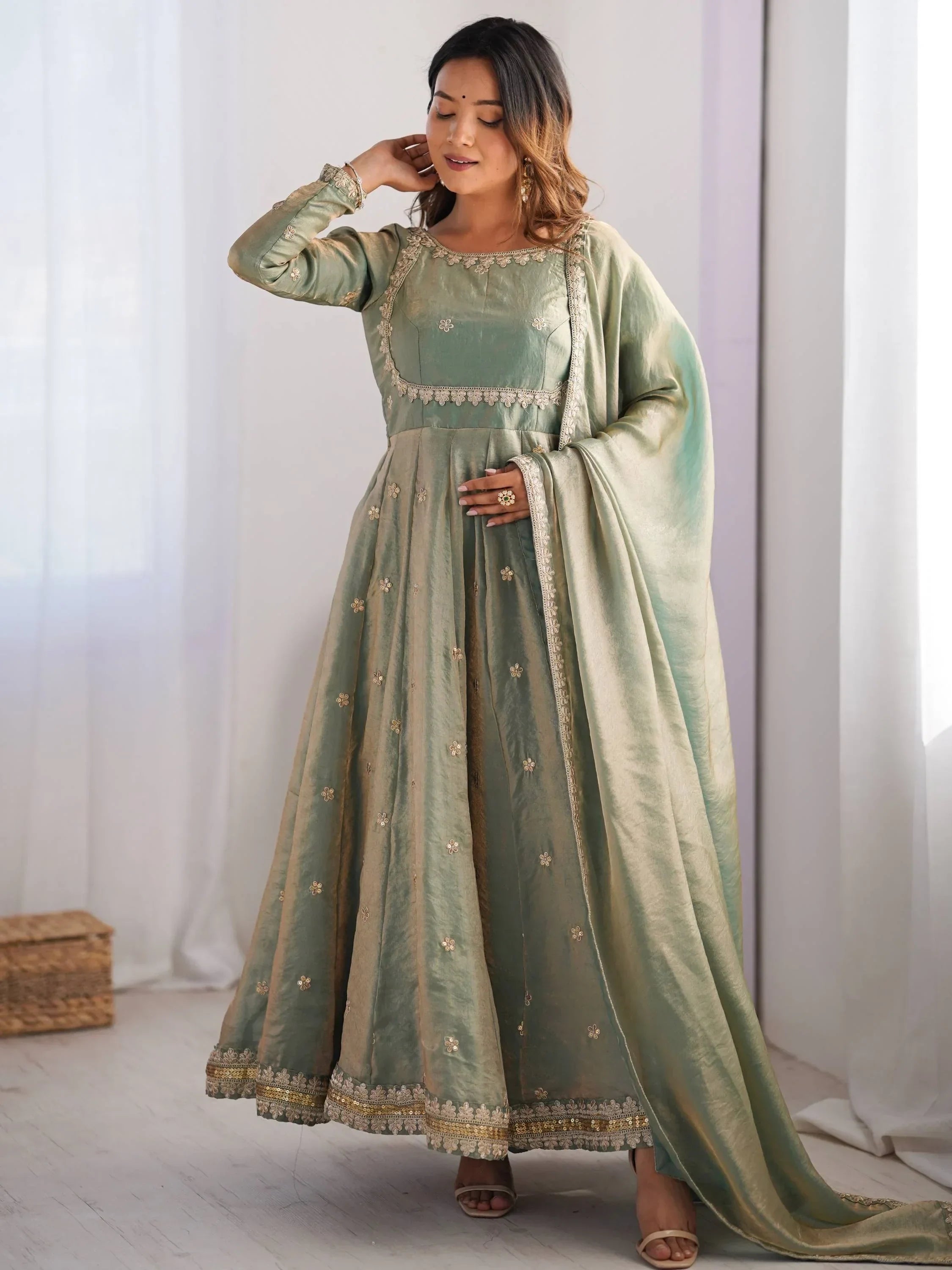 Green Dazzling Coding Work Silk Festive Wear Gown With Dupatta