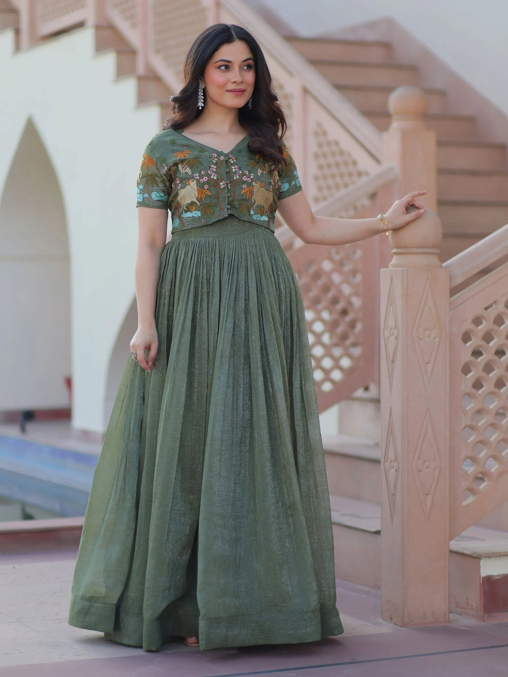 Green Classy Onion Organza Embroidered Festival Wear Gown With Koti