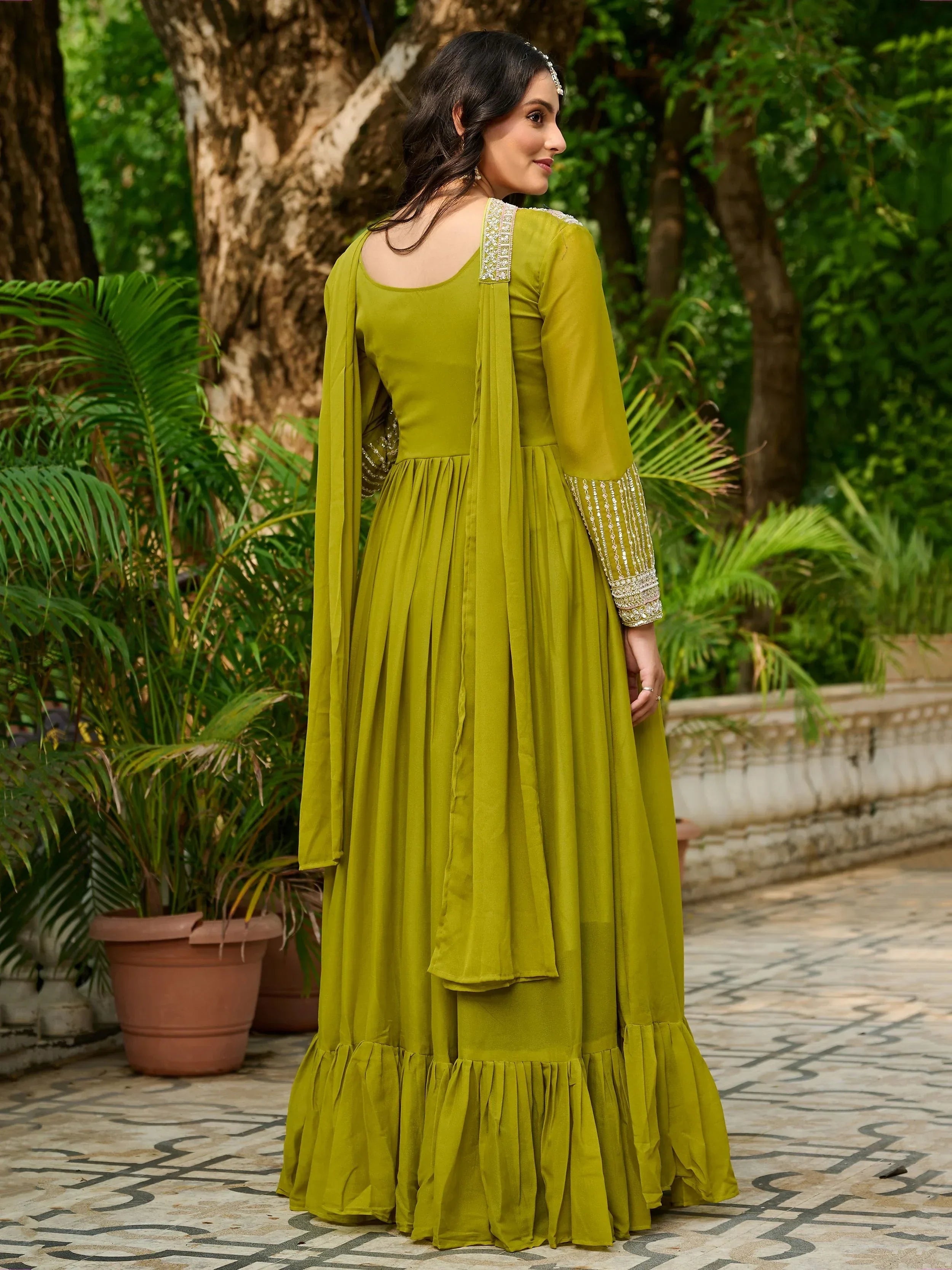 Parrot Amazing Georgette Beads Work Gown With Dupatta