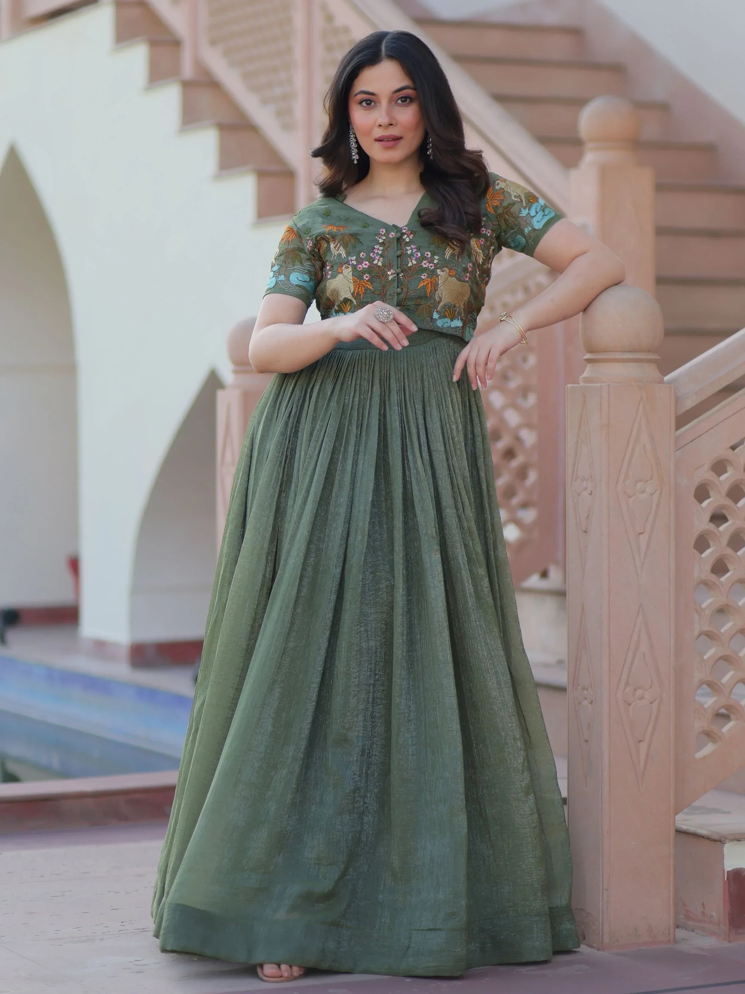 Green Classy Onion Organza Embroidered Festival Wear Gown With Koti