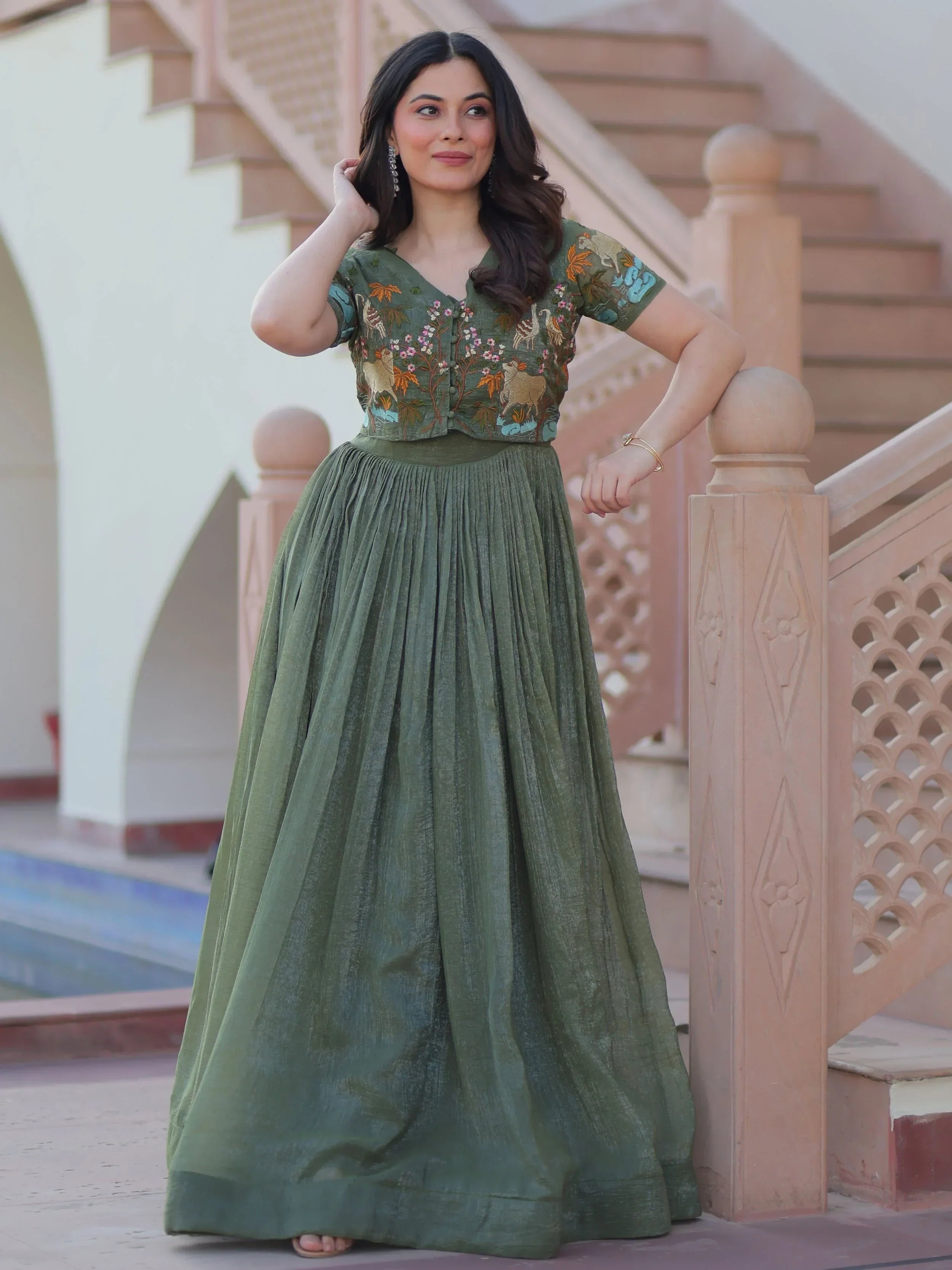 Green Classy Onion Organza Embroidered Festival Wear Gown With Koti