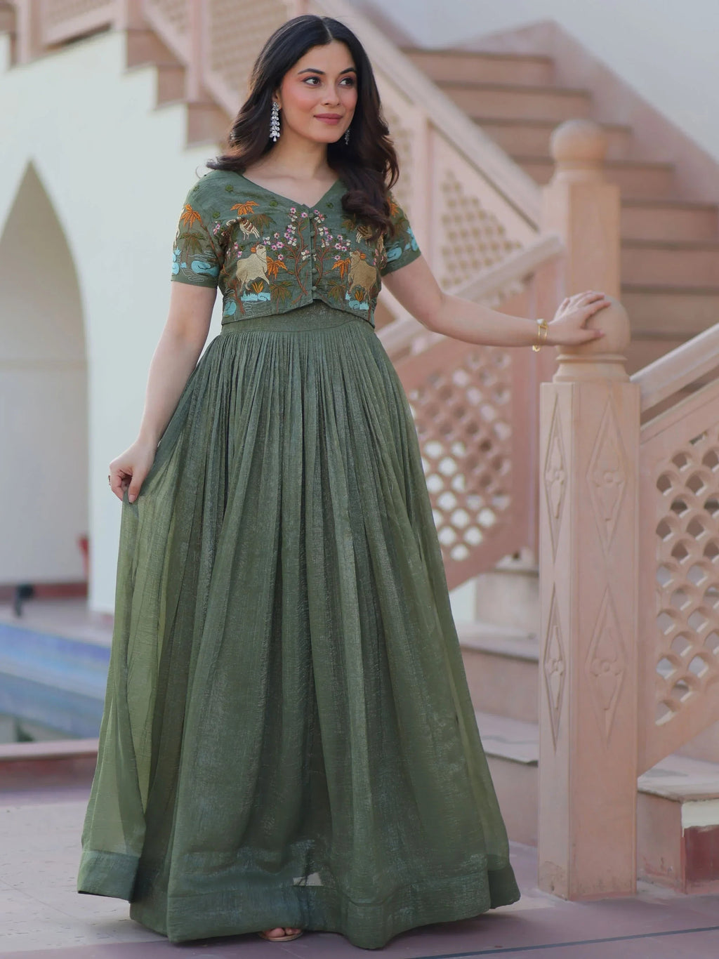 Green Classy Onion Organza Embroidered Festival Wear Gown With Koti
