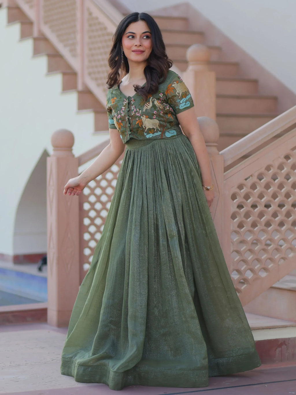 Green Classy Onion Organza Embroidered Festival Wear Gown With Koti