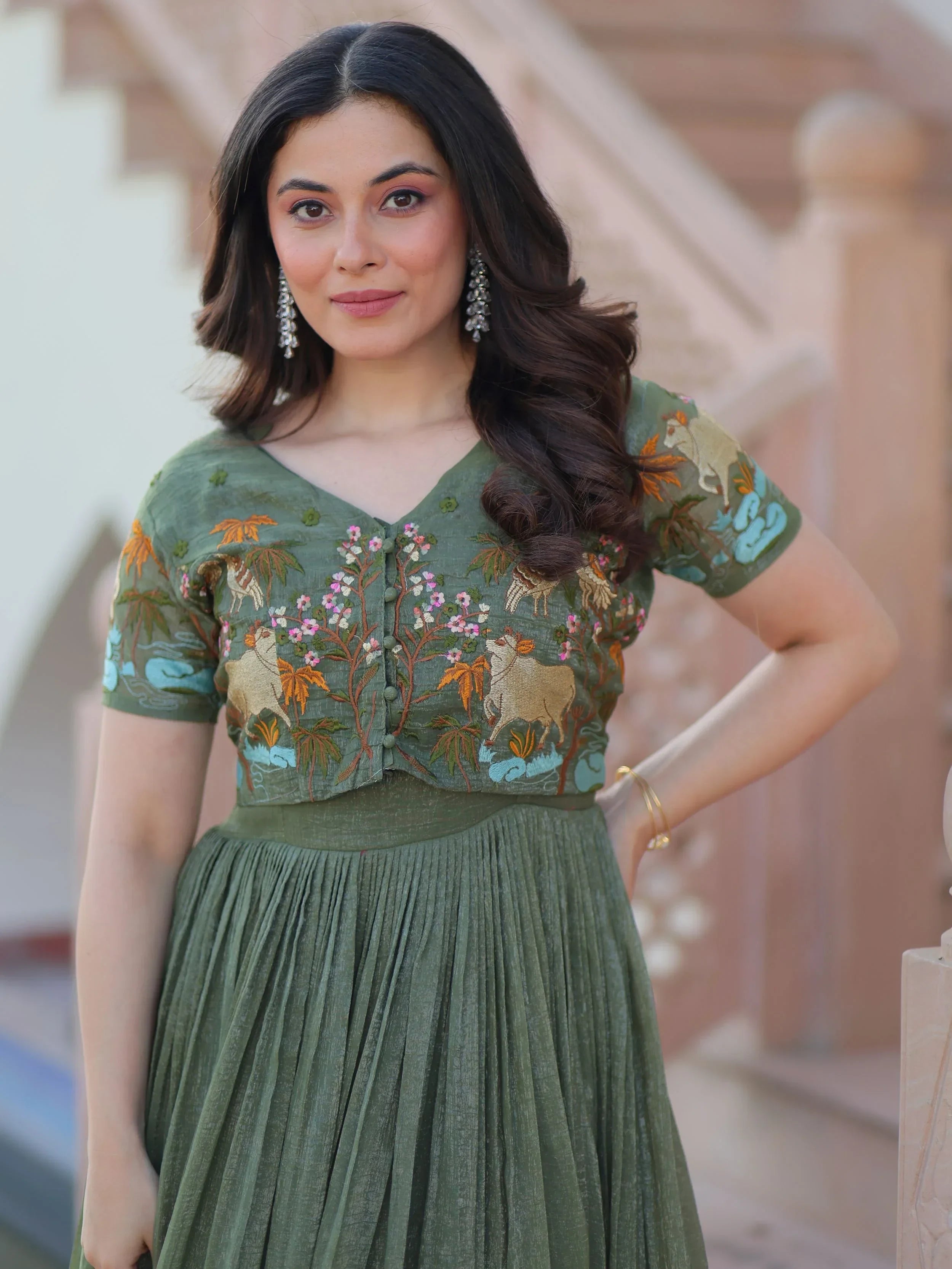 Green Classy Onion Organza Embroidered Festival Wear Gown With Koti