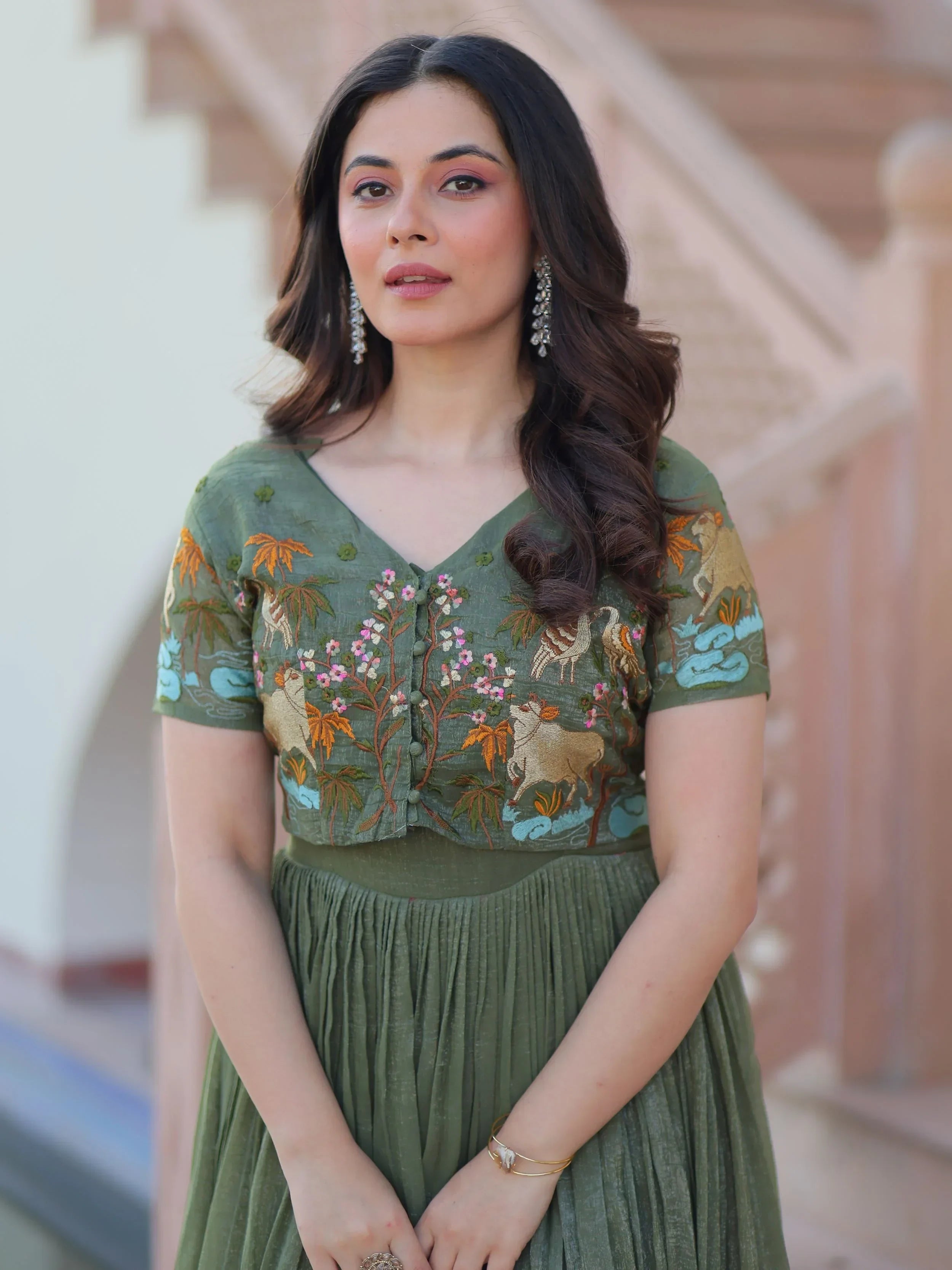 Green Classy Onion Organza Embroidered Festival Wear Gown With Koti