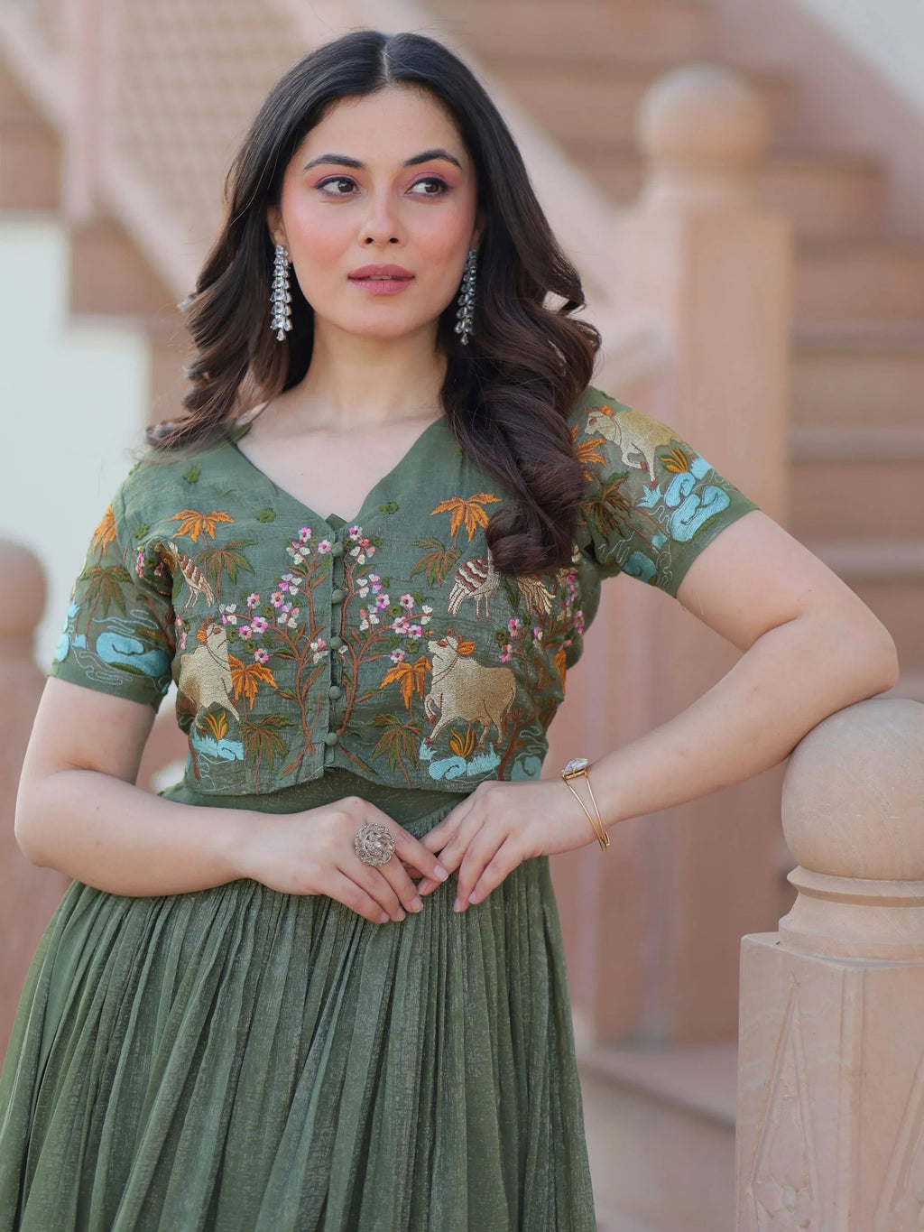 Green Classy Onion Organza Embroidered Festival Wear Gown With Koti