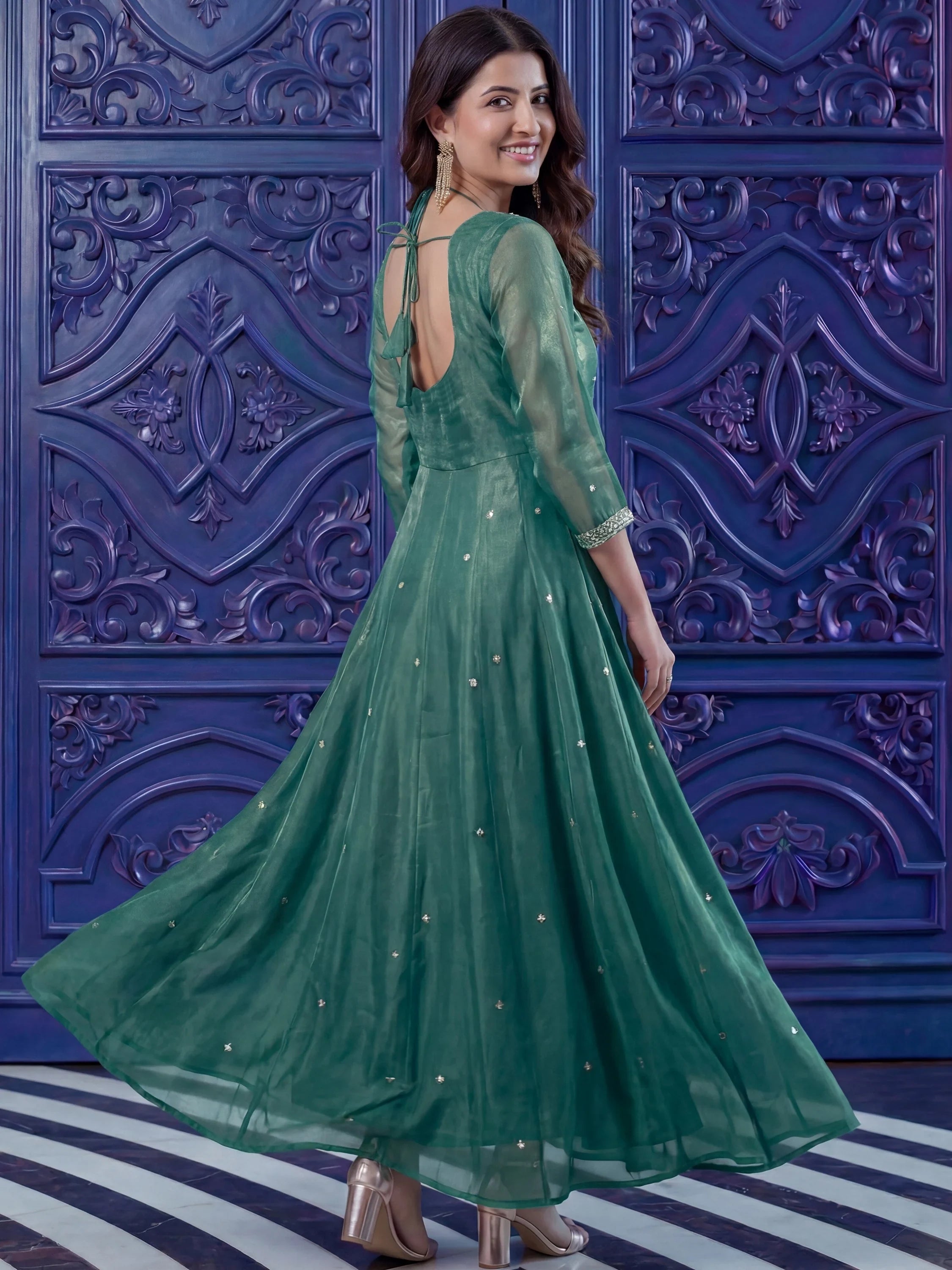 Teal Beautiful Sequins Silk Haldi Wear Anarkali Gown