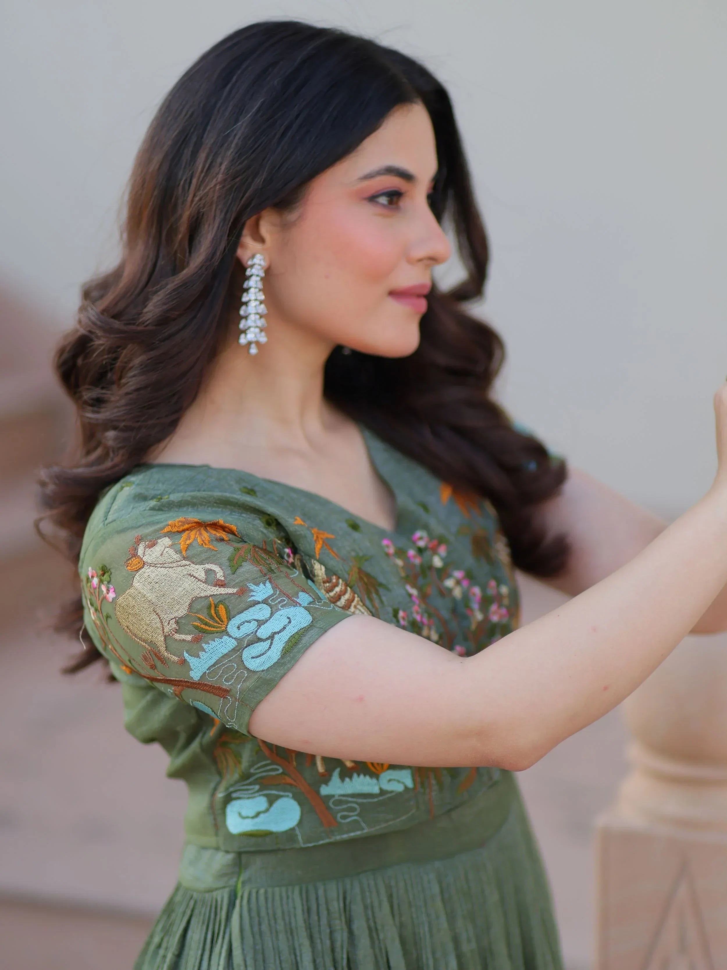 Green Classy Onion Organza Embroidered Festival Wear Gown With Koti