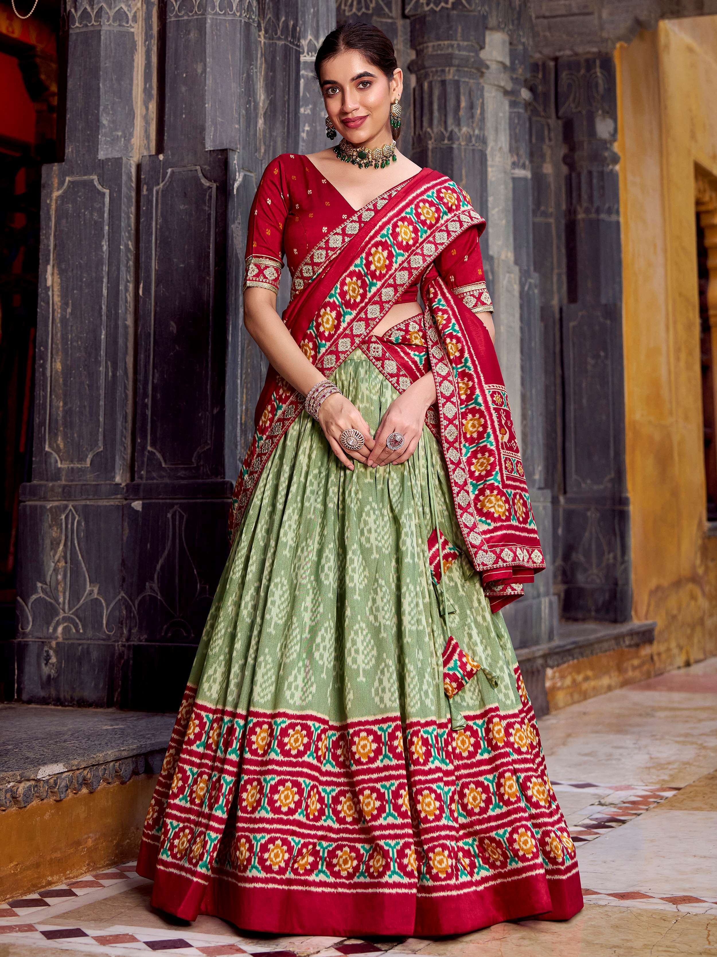 Green Beautiful Light Silk Ikkat Printed Lehenga Choli With Dupatta