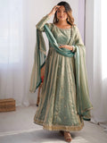 Green Dazzling Coding Work Silk Festive Wear Gown With Dupatta