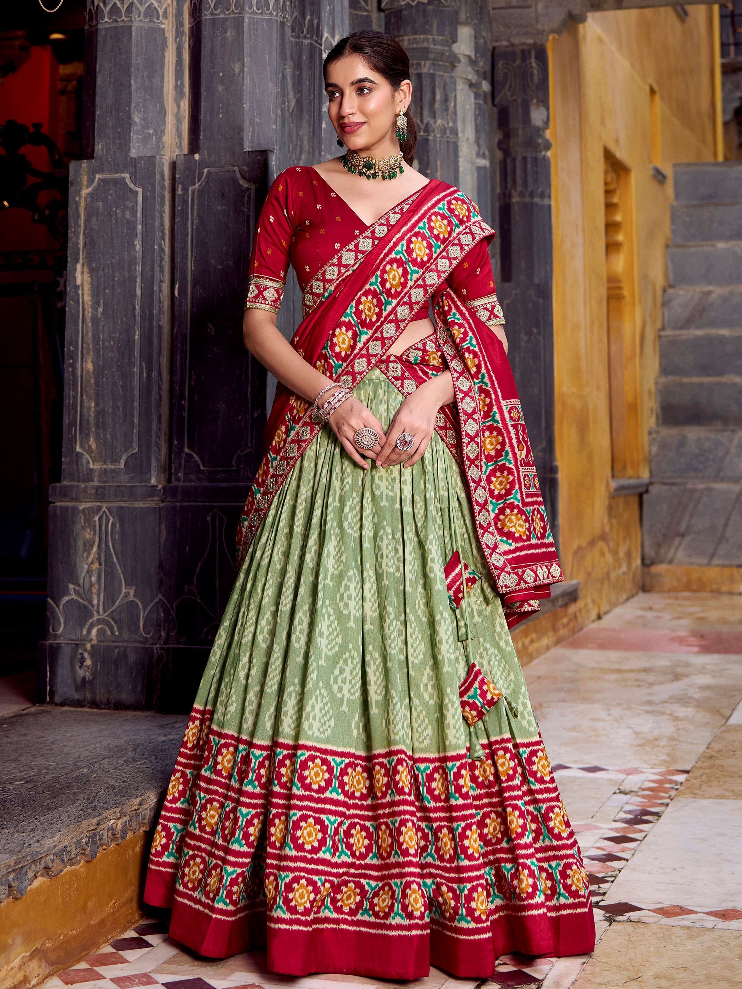 Green Beautiful Light Silk Ikkat Printed Lehenga Choli With Dupatta