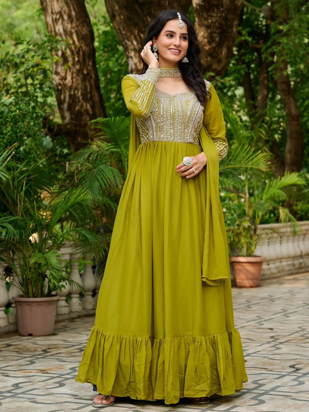 Parrot Amazing Georgette Beads Work Gown With Dupatta
