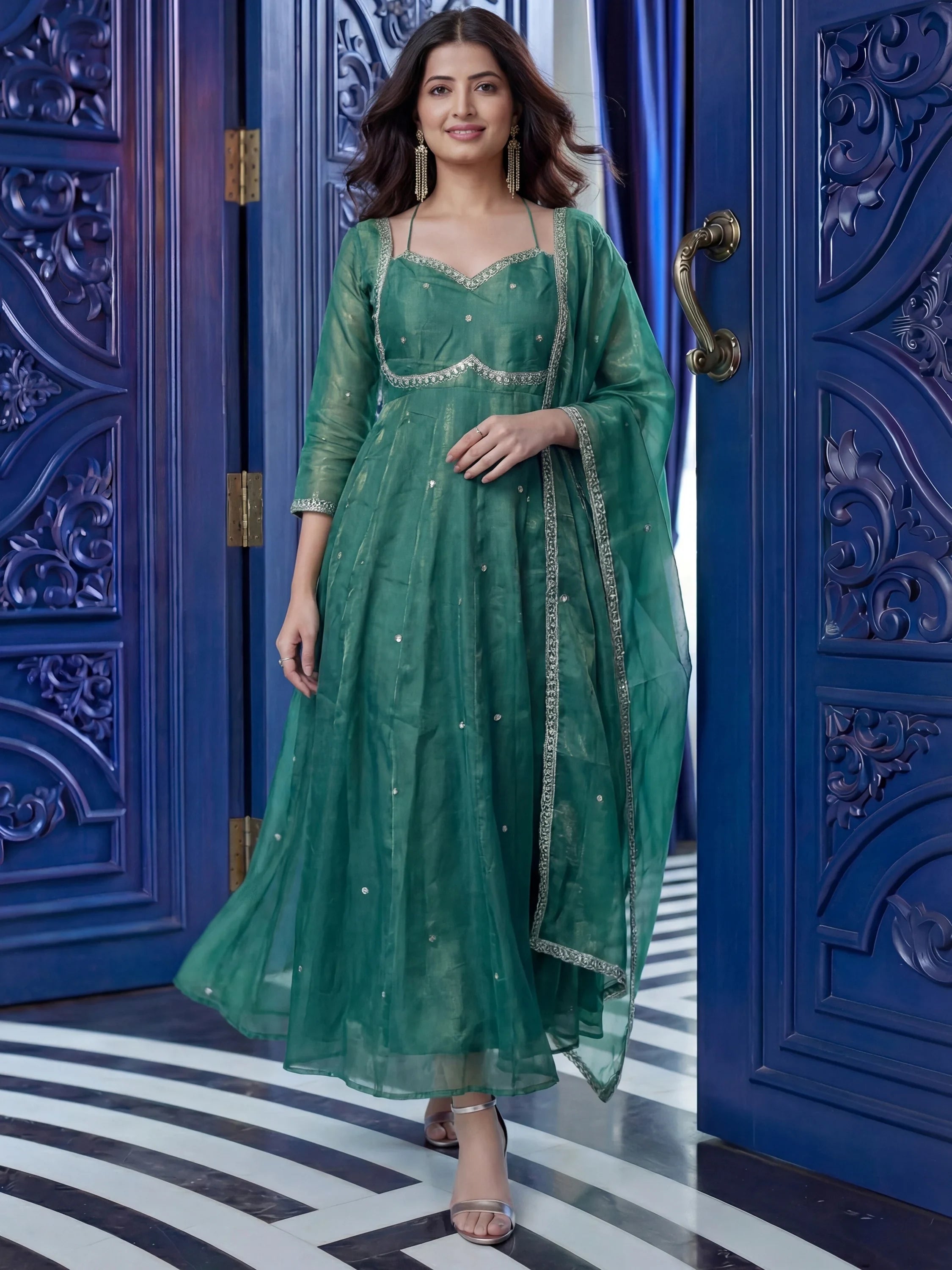Teal Beautiful Sequins Silk Haldi Wear Anarkali Gown