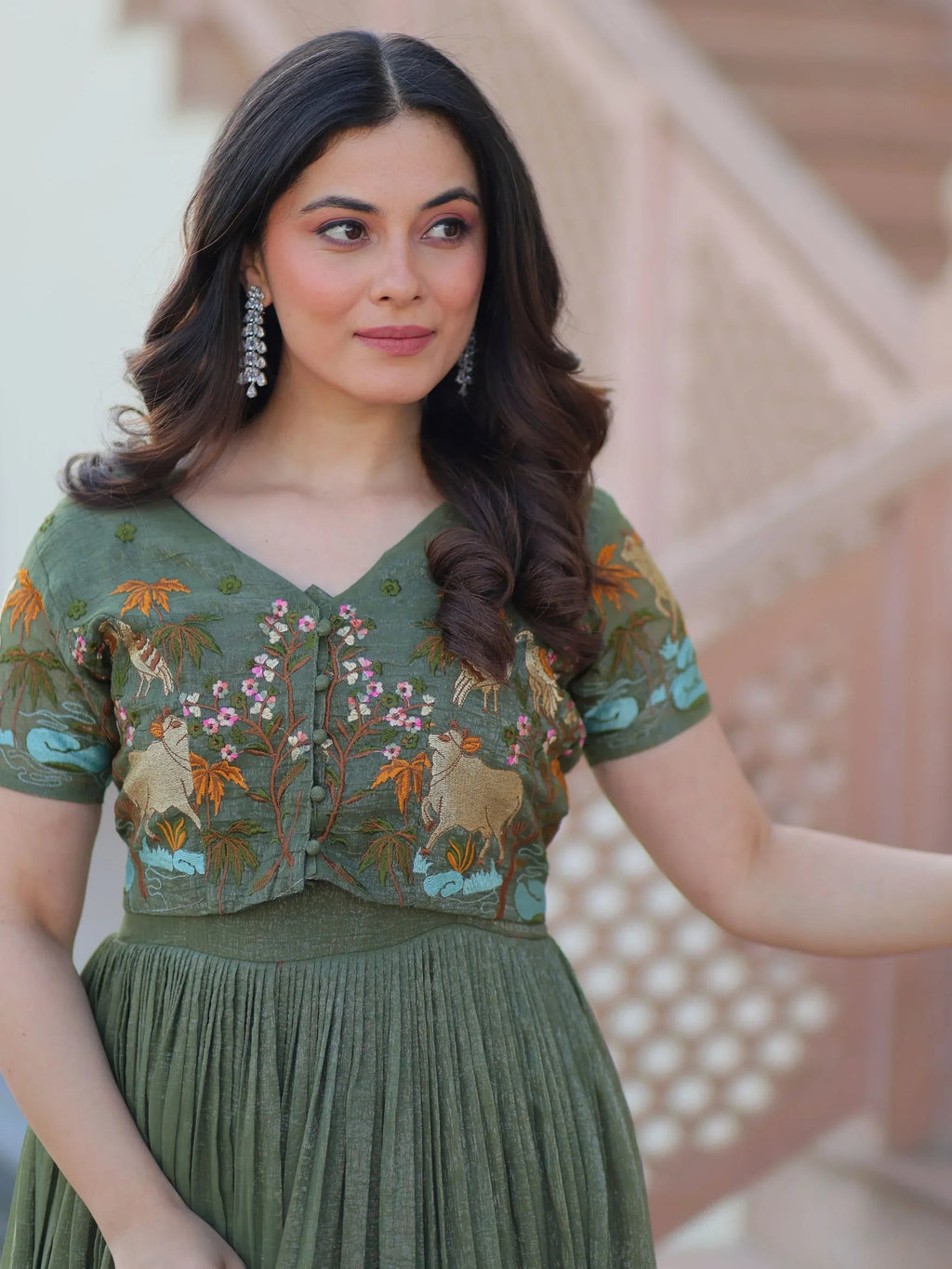 Green Classy Onion Organza Embroidered Festival Wear Gown With Koti