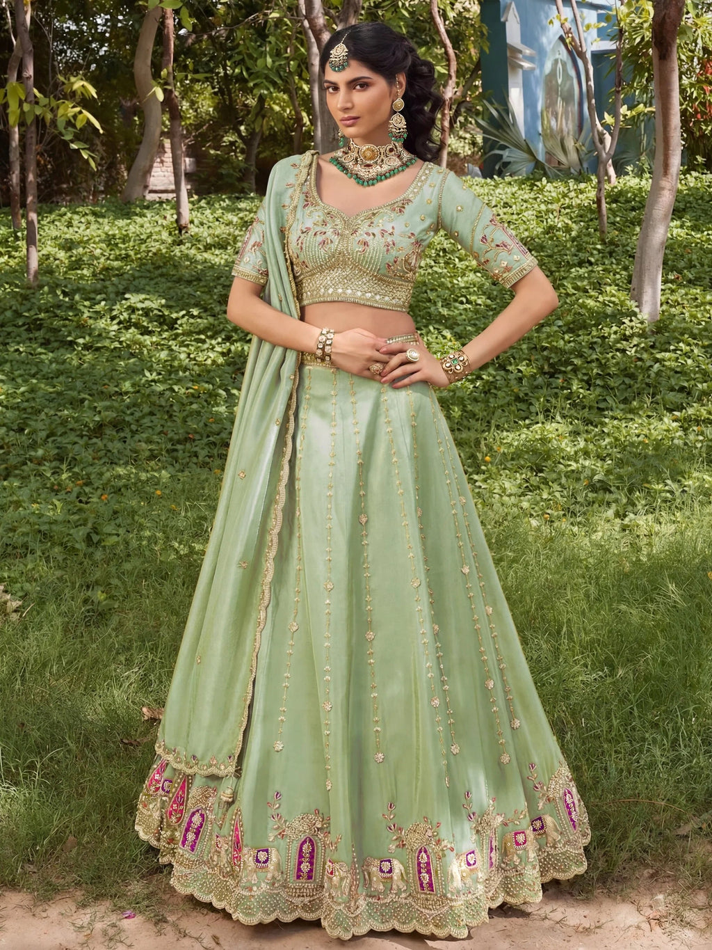 Royal Pista Green Bead Embroidery Silk Mehendi Wear Lehenga Choli