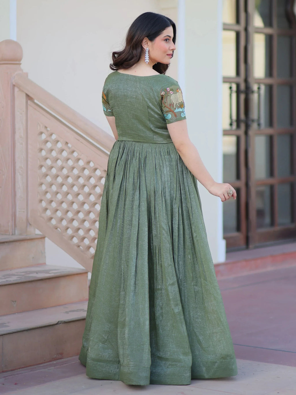 Green Classy Onion Organza Embroidered Festival Wear Gown With Koti
