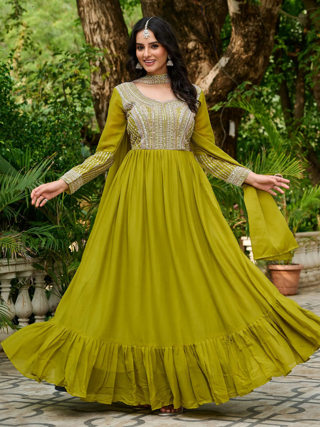 Parrot Amazing Georgette Beads Work Gown With Dupatta