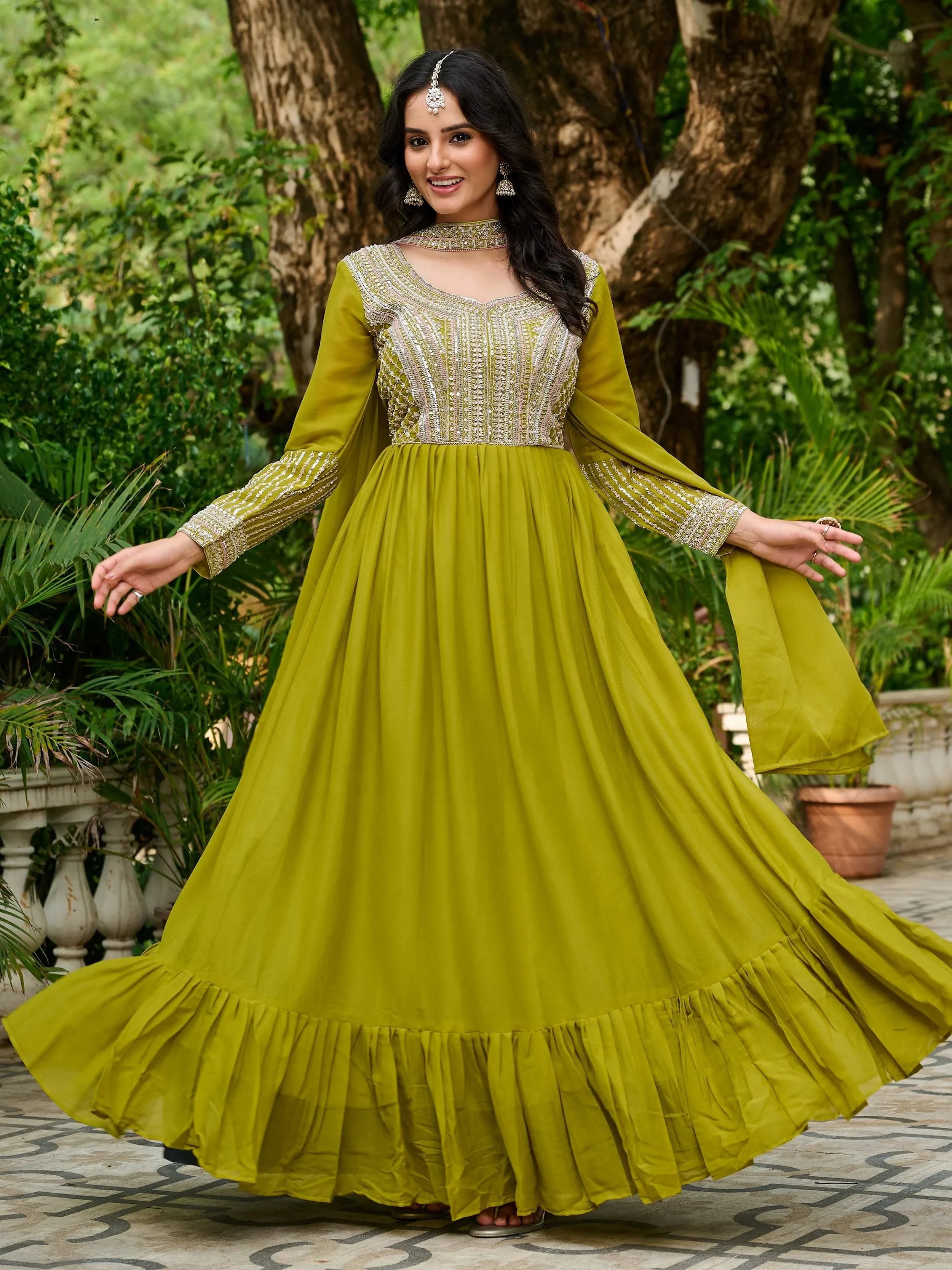 Parrot Amazing Georgette Beads Work Gown With Dupatta